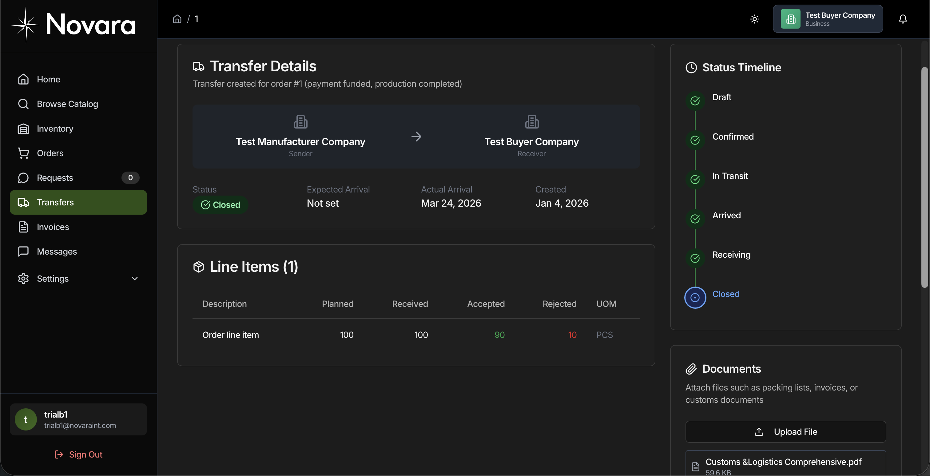 Novara Transfer Flow — dark mode